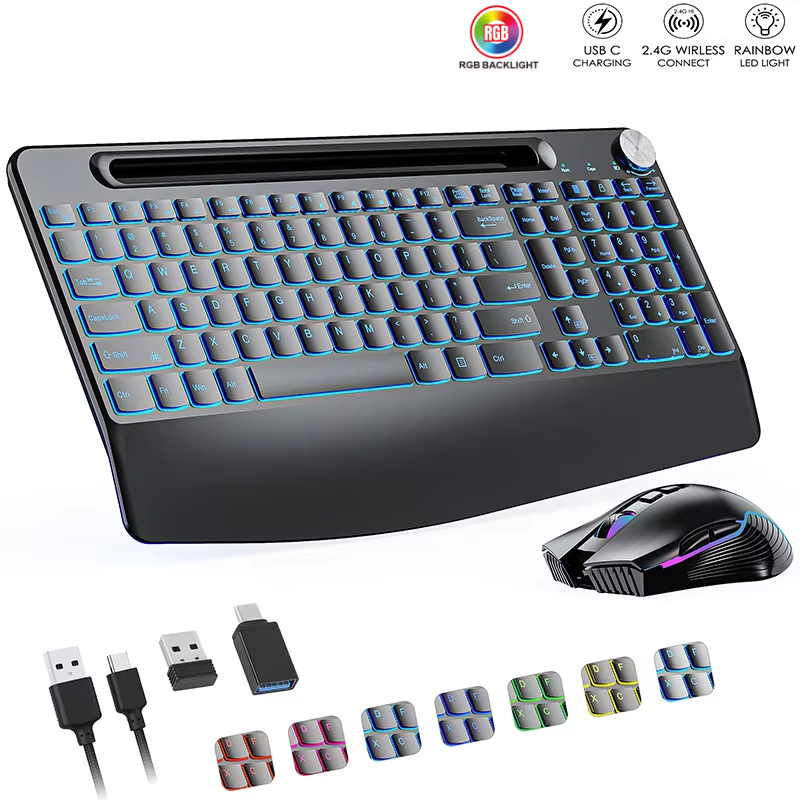 Gaming Keyboard And Mouse Combo Wireless - 2.4G&Type-C draadloze toetsenbord-muiscombinatie met polssteun, RGB-achtergrondverlichting,